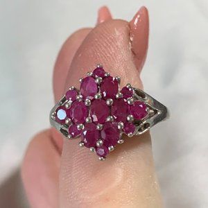 Ruby Ring, 11 stones shaped in a diamond or square, stamped 925 silver, size 7